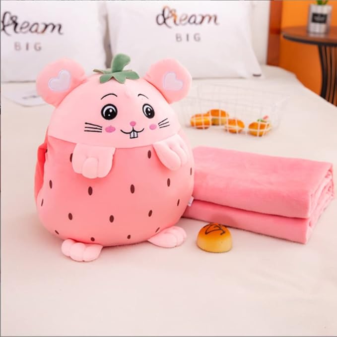 YUDONG Kids Stuffed Animal Travel Blanket and Pillow Set, Adorable 3 in 1 Multifunctional Fruit Plush Pillow with Hand Warmer Design, Perfect for Travel, Camping, Car, Home and Office (Pink)