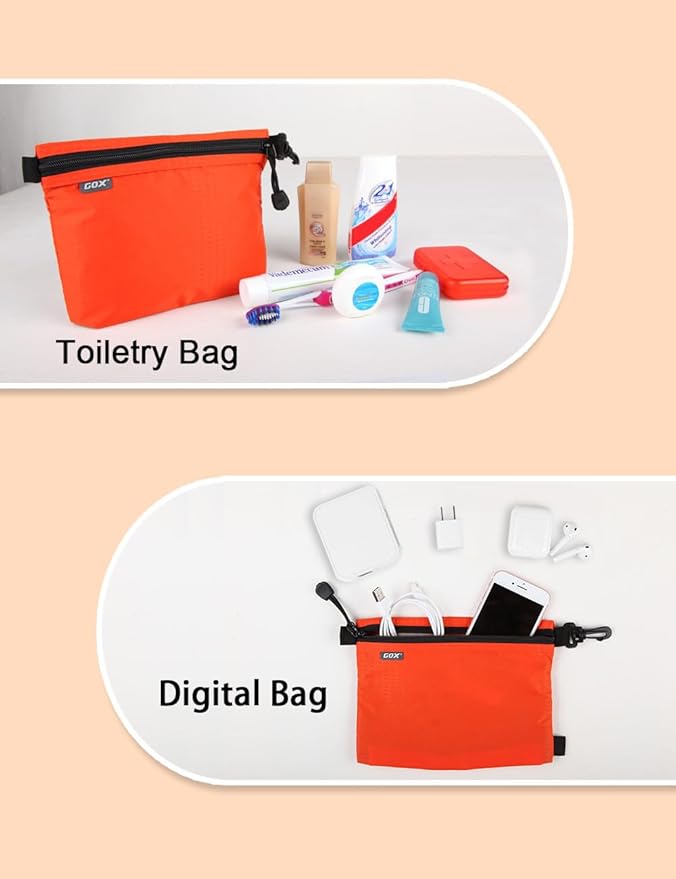 GOX Travel Toiletry Bag, Carry On Small Zipper Pouch, Cosmetic Kit Makeup, Digital Bag, Water Repellent Nylon (Orange)