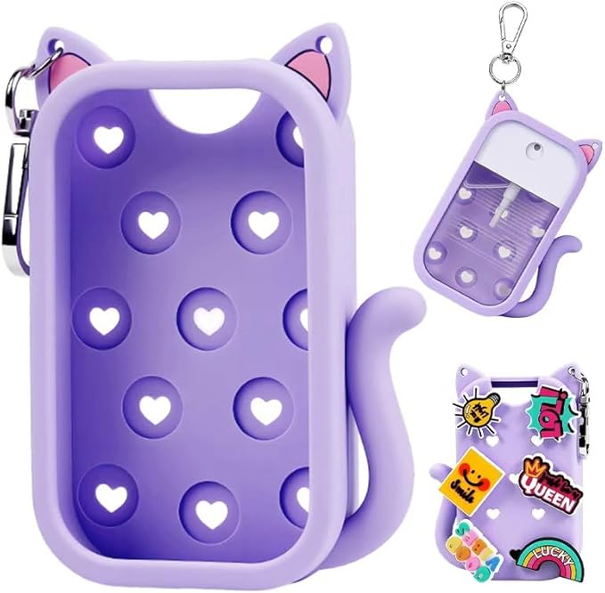 Cat Silicone Case with Keychain & 6 Accessories, Compatible with Touchland Hand Sanitizer Spray Power Mist 1 FL OZ/30ML, Featuring Croc-Style Decorative Holes (Purple)