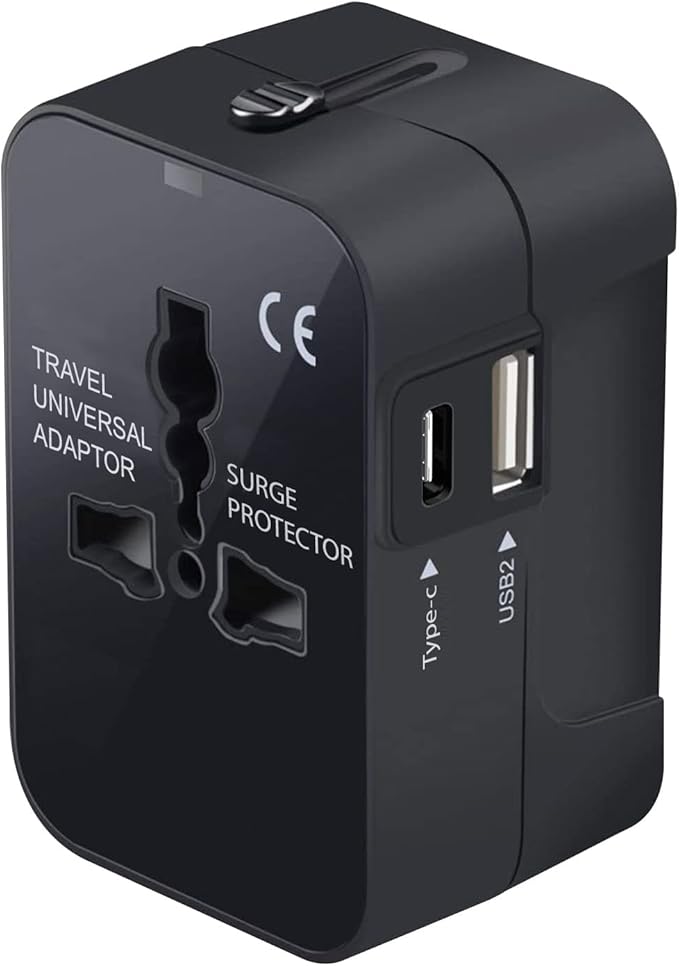 Portable Worldwide Universal Power Adapter Converter All in One International Wall Charger Plug for Wall Plug Input in USA EU UK France Italy Australia India Outlets (with USB-A and USB-C)