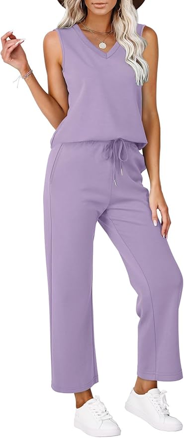 WIHOLL Two Piece Set for Women Summer Outfits Vacation Trendy Lounge Sets V Neck Matching Sets