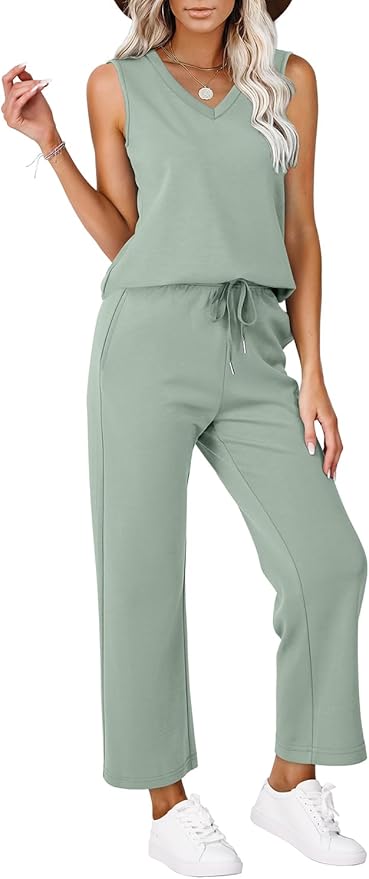 WIHOLL Two Piece Set for Women Summer Outfits Vacation Trendy Lounge Sets V Neck Matching Sets