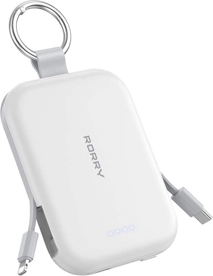 RORRY Portable Charger, 5000mAh Portable Charger Power Bank with Built-in Cables, Travel Keychain Charger Battery Pack for iPhone 17/16/15/14/13/12, for AirPods 2/3/4/Pro, White