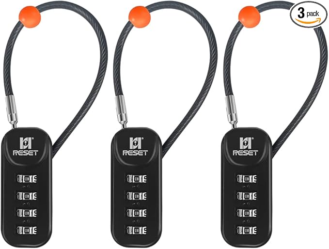 RESET-192 4 Digit Combination Padlock with 10cm(4 inch) Cable,Travel Lock for Luggage,Suitcase,Baggage,Backpack,Toolbox,Case,Black,3 Pack