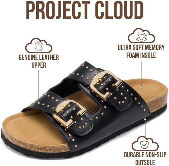 Project Cloud 100% Genuine Leather Flat Sandals For Women 2026 Cork Footbed Womens Sandals with Memory Foam and arch support Vacation Essentials Slides for Women Footwear (Venita)