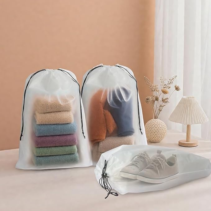Shoe Bags for Travel, Waterproof Travel Clear Plastic Drawstring Bags, Storage Bags,2 Pcs 15.7" x 11.8" Large Packing Cubes for Storage, Travel Essentials, Men's and Women's (Clear)