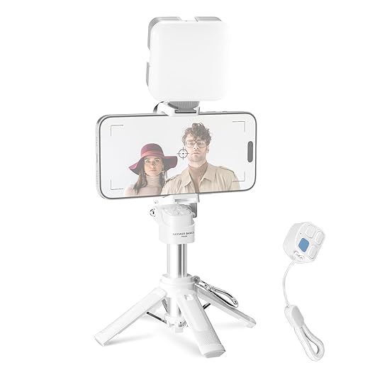 NEEWER Mini Tripod for Phone, Lightweight Foldable Small Selfie Stick Cell Phone Clamp Desk Stand with Remote & Cold Shoe Mounts Compatible with iPhone Android Samsung for Video Recording, PA986 White