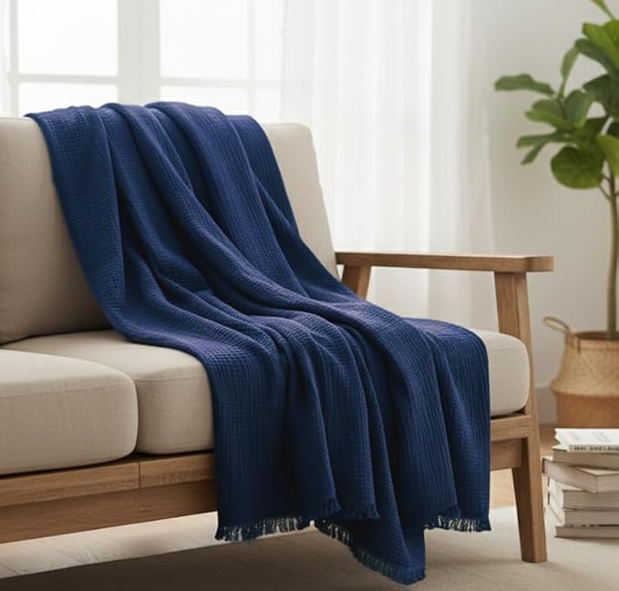 KyraHome Muslin Blankets for Adults, 60"x80", 100% Organic Cotton Throw Blankets for Couch, Plant Dyed Breathable Lightweight Gauze Summer Blankets, All Season (Navy Blue)