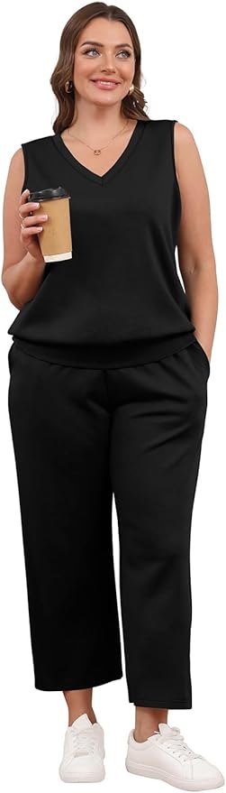 WIHOLL Two Piece Set for Women Summer Outfits Vacation Trendy Lounge Sets V Neck Matching Sets