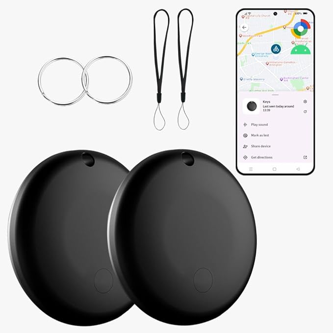 Bluetooth Tracker for Android (2Pack, Black), Works with Google Find Hub App, IP67 Waterproof, Replaceable Battery, Tracker Device for Vehicles, Keys, Luggage, Backpack Travel and Commute