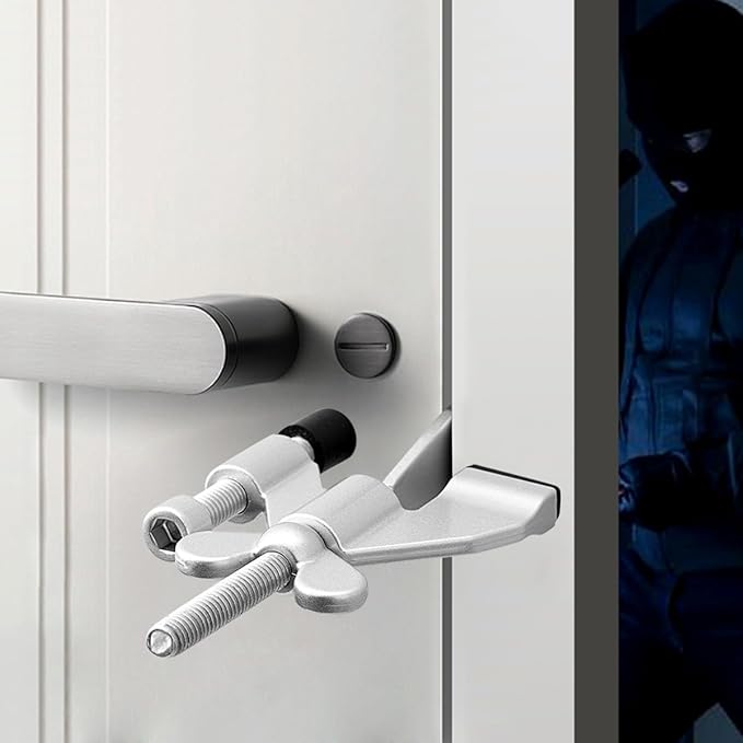 INIRET Silvery Adjustable Heavy Duty Portable Door Lock,Security Device for Enhanced Safety,for Home,Travel,Hotels,Apartments Prevents Unauthorized Entry,No Drill,Silicone Protector Caps Included