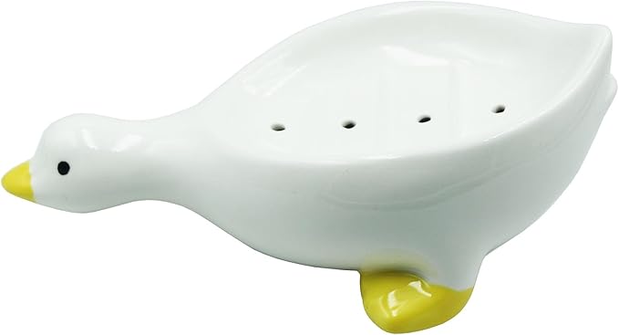 Duck Ceramic Soap Dish with Drain, 7.87 Inch Cute Duck Shaped Soap Tray, Sponge Holder, for Shower,Bathroom,Bar,Kitchen