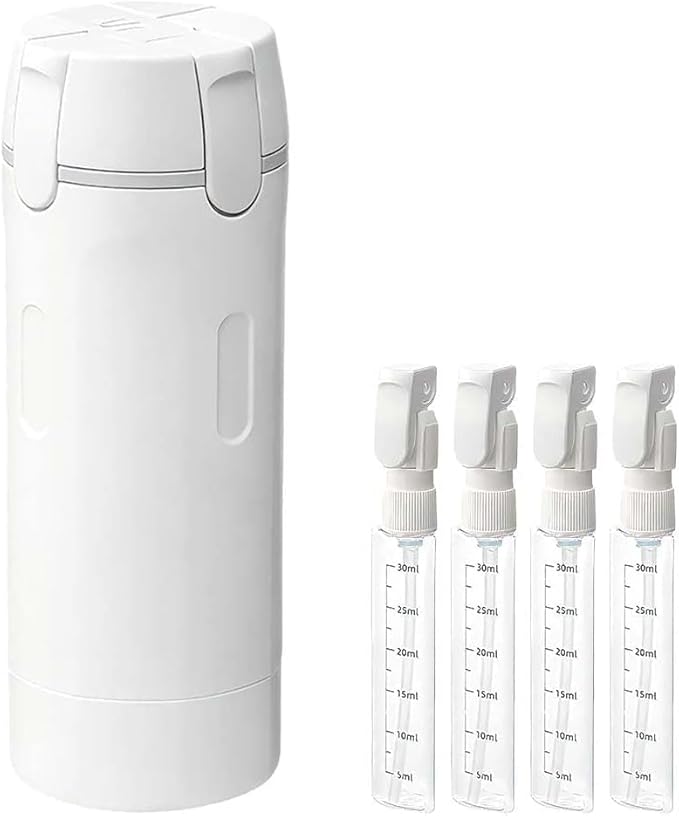 4 in 1 Travel Dispenser Set with 4 Pack 30ML Leak Proof Bottles for Toiletries, Portable Containers for Shampoo Lotion Conditioner Cream (White)