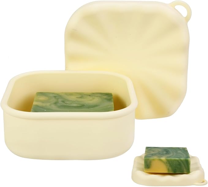 Square Travel Soap Case, Bar Soap Holder for Dr Squatch, Silicone Soap Case with Soap Saver, Portable Shampoo Bar Soap Box for Shower, Travel, Camp (Cream Yellow)