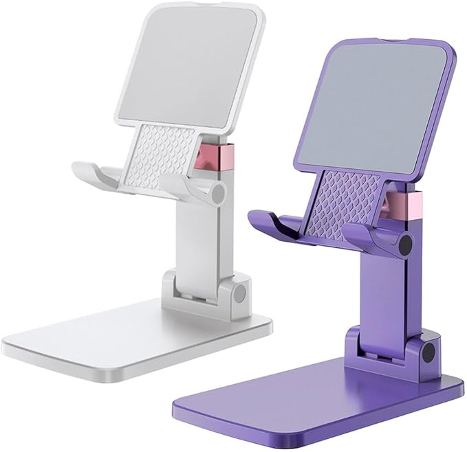 Phone Stand for Desk, Cell Phone Holder Adjustable Cellphone Stand for Desk Height Angle Adjustable Stands, Anti-Slip Base, Compact Design for iPhone Android Devices (Purple, 2Pack)