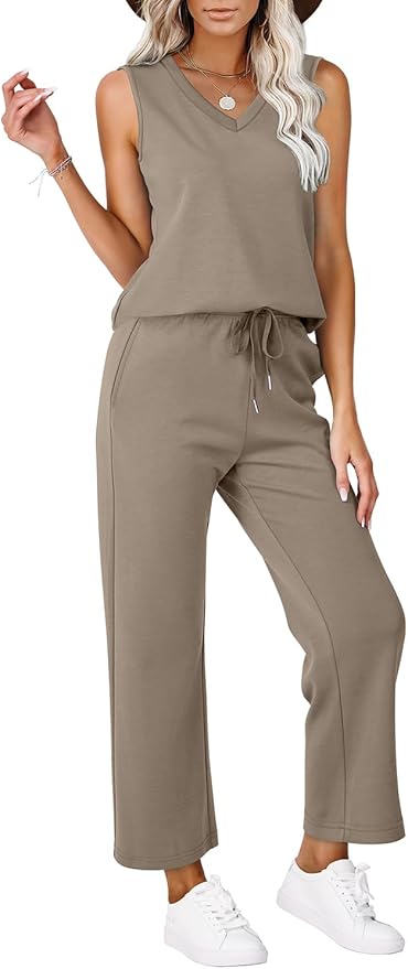 WIHOLL Two Piece Set for Women Summer Outfits Vacation Trendy Lounge Sets V Neck Matching Sets