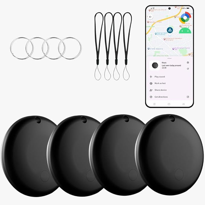 Bluetooth Tracker for Android（Black, 4Pack, Works with Google Find My Device App, IP67 Waterproof, Replaceable Battery, Tracker Tag for Keys, Backpack, Suitcases, Travel and Commute