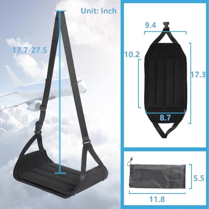 Airplane Foot Hammock for Plane Travel Essentials, Airplane Foot Rest Removable Support Pad, Adjustable Foot Hammock with Thicken Memory Foam, Portable and Adjustable