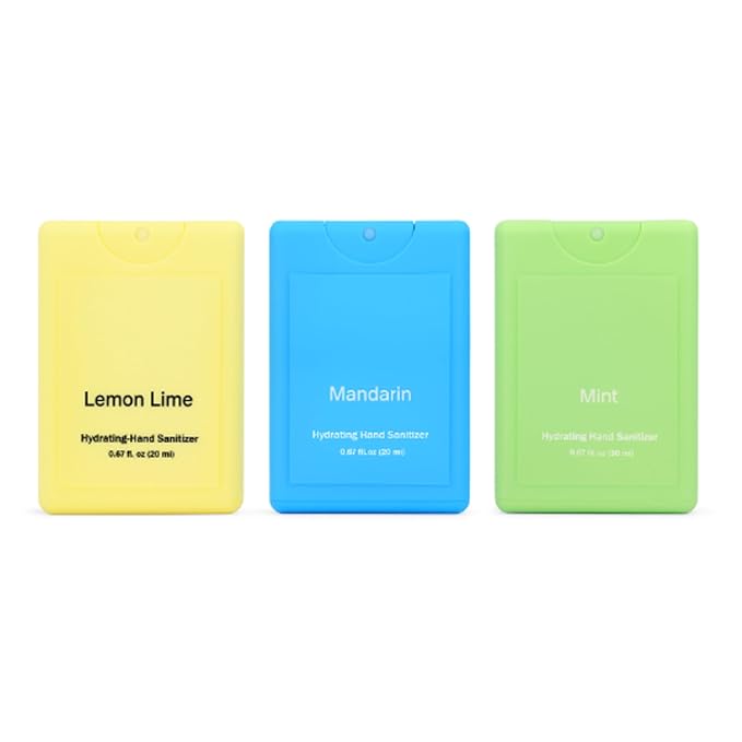 Set of 3 Power Mist Hydrating Hand Sanitizer Spray Bulk Travel Size Effective Hand Sanitizer 0.67 Fl. oz Compact Card Spray Bottle Mint Mandarin Lemon Lime Scent for Backpack Bathroom Baskets