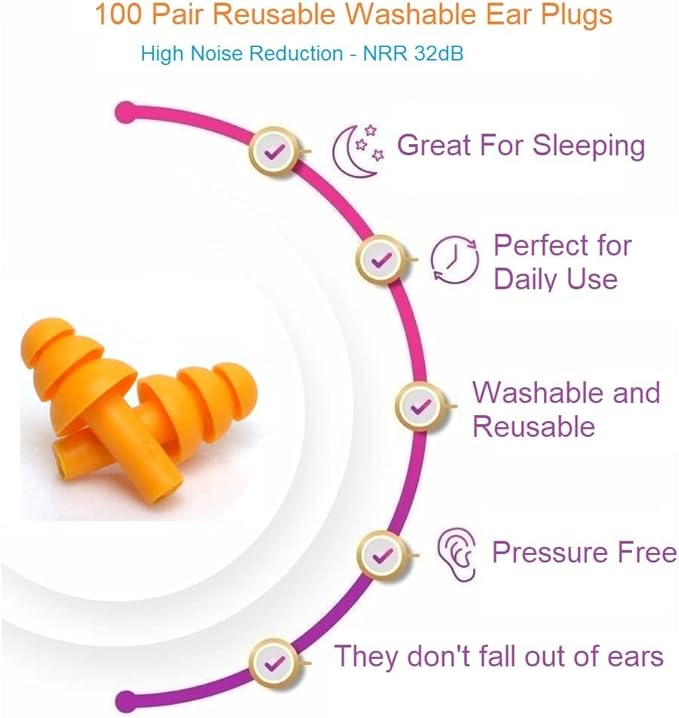 100 Pair Silicone Reusable Ear Plugs for Swimming, Sleeping, Concerts & Music - Bulk Pack of Swimmers Ear Plugs for Adults - Noise Reduction up to 25dB Swimming Earplugs for Men Women Ear Protection