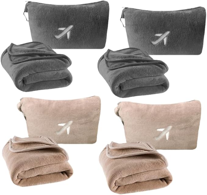 BlueHills Soft 2 Pack Travel Blankets Mini Set of 2 - Premium Airplane Travel Essential Flight Blanket Throw in a case with Strap Compact for Car Plane Travel Gift – Gray and Beige.