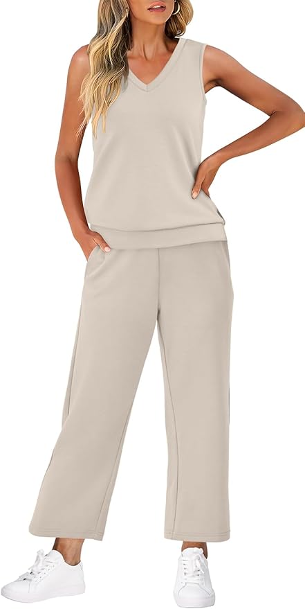 WIHOLL Two Piece Set for Women Summer Outfits Vacation Trendy Lounge Sets V Neck Matching Sets