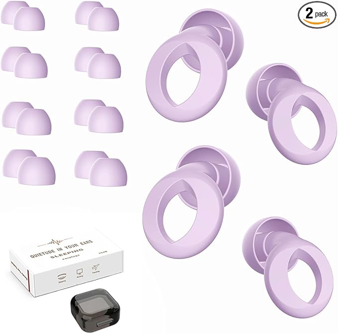 Ear Plugs for Sleeping, 2 Pairs Ear Plugs for Sleeping Noise Cancelling, 35dB Reusable Silicone Earplugs for Noise Reduction, Sleep, Work, Hearing Protection, Concert and Snoring, Purple