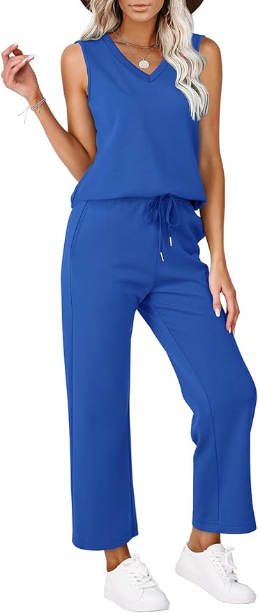 WIHOLL Two Piece Set for Women Summer Outfits Vacation Trendy Lounge Sets V Neck Matching Sets
