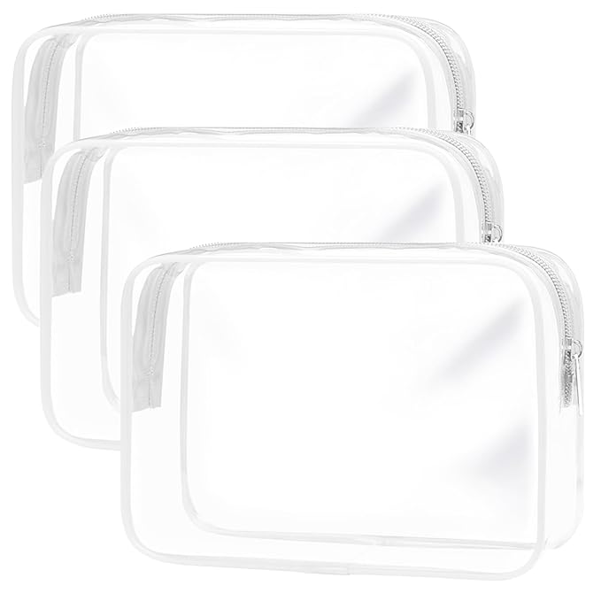 TRODANCE Clear Toiletry Bag, 3 Packs TSA Approved Water resistant Travel Organizer, Airport Airline Travel Essential Carry On Makeup Cosmetic Bags for Women, White - 3 packs