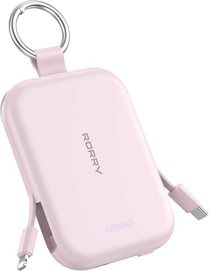 RORRY Portable Charger, 5000mAh Portable Charger Power Bank with Built-in Cables, Travel Keychain Charger Battery Pack for iPhone 17/16/15/14/13/12, for AirPods 2/3/4/Pro, Pink