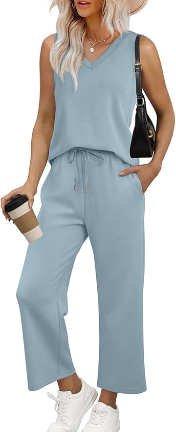 WIHOLL Two Piece Set for Women Summer Outfits Vacation Trendy Lounge Sets V Neck Matching Sets