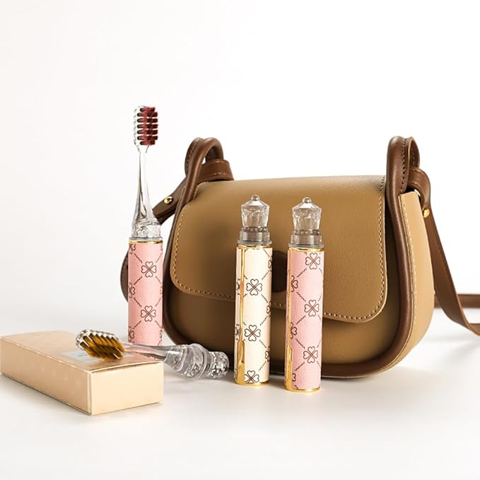 Foldable Travel Toothbrush Set,Compact Head,Mini Toothbrush with Toothbrush Case,Soft Bristled Travel Toothbrushes for Adults (Leather Handles Pink 1 PCS)