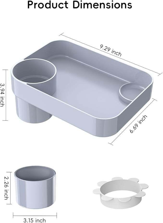 Toddler Car Seat Snack Tray - 3 Inch Cup Holder with Dip Well Fits Most Sippy Cups & Straw Bottles, Mess-Free Square Kids Travel Tray Road Trip Essentials, Grey