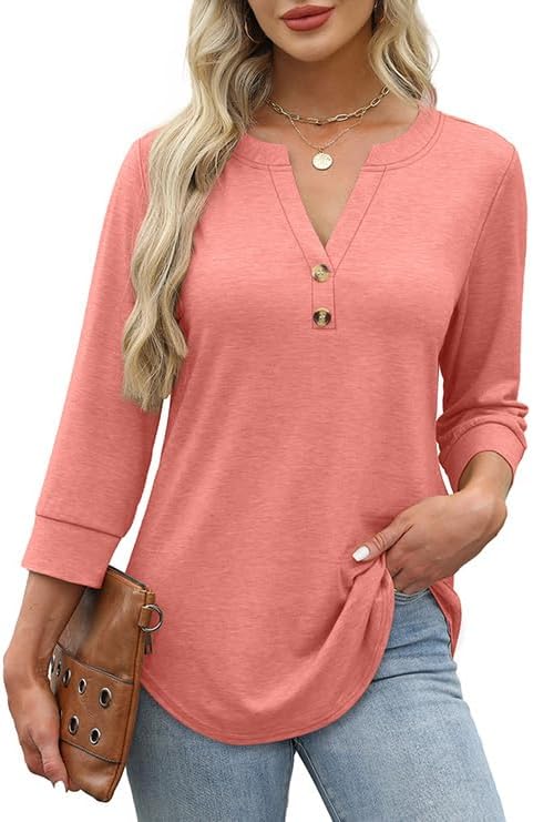 OFEEFAN Womens Tops 3/4 Sleeve Henley Shirts for Women Summer Outfits Fashion Clothing
