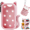 Cat Silicone Case with Keychain & 6 Accessories, Compatible with Touchland Hand Sanitizer Spray Power Mist 1 FL OZ/30ML, Featuring Croc-Style Decorative Holes (Pink)