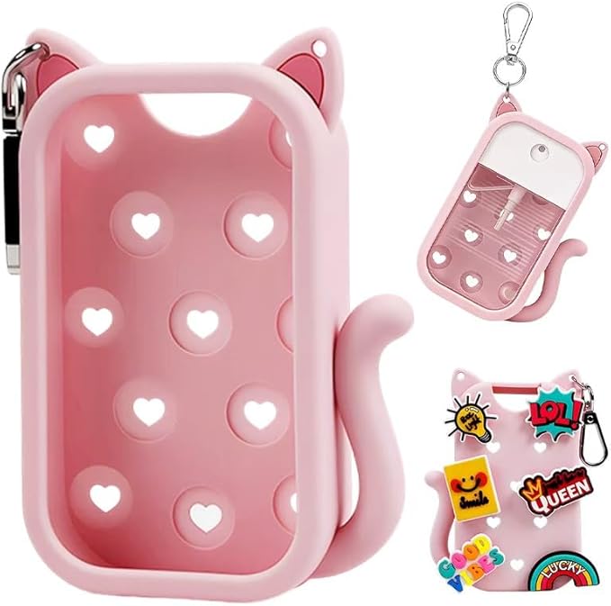 Cat Silicone Case with Keychain & 6 Accessories, Compatible with Touchland Hand Sanitizer Spray Power Mist 1 FL OZ/30ML, Featuring Croc-Style Decorative Holes (Pink)