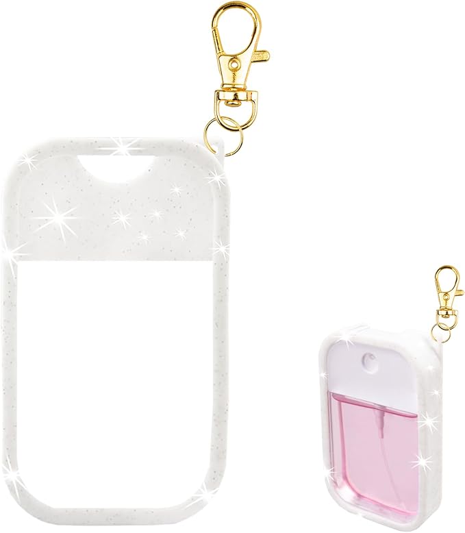 Silicone Case Compatible with Touchland Hand Sanitizer Spray, Protective Case with Keychain for Power Mist and Glow Mist 1 fl oz, Hand Sanitizer Spray Accessory (Glitter Sequin White)
