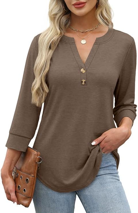 OFEEFAN Womens Tops 3/4 Sleeve Henley Shirts for Women Summer Outfits Fashion Clothing