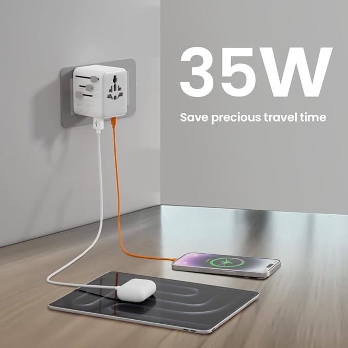 TSIM Universal Travel Adapter 35W 10A | 2 USB-A, 2 USB-C Ports Fast Charging PD 3.2 All in One International Power Adapter Plug USA EU UK AU JP Quick Wall Charger Worldwide Travel Essentials CE RoHS