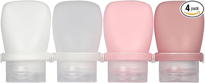 1oz Travel Bottles for Toiletries, Silicone Leak-Proof TSA Approved Travel Size Containers (4-Pack) - Reusable Refillable Bottles for Shampoo, Body Wash, Lotion (White Pink)