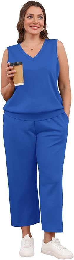 WIHOLL Two Piece Set for Women Summer Outfits Vacation Trendy Lounge Sets V Neck Matching Sets
