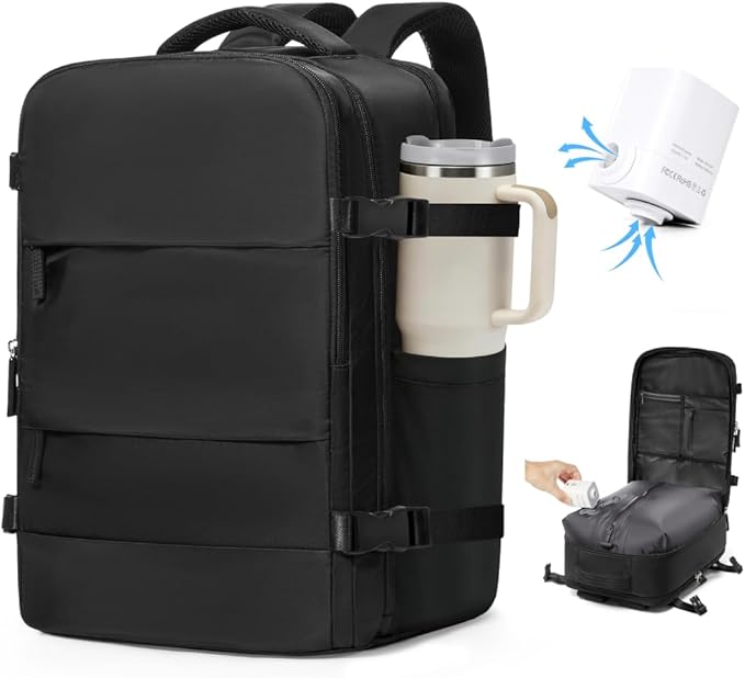 VGCUB Vacuum Backpack Travel with Pump Vacpack System Storage Compression Carry on Laptop Work Business Waterproof College Bags Casual Daypack Backpacks for Women Men Black