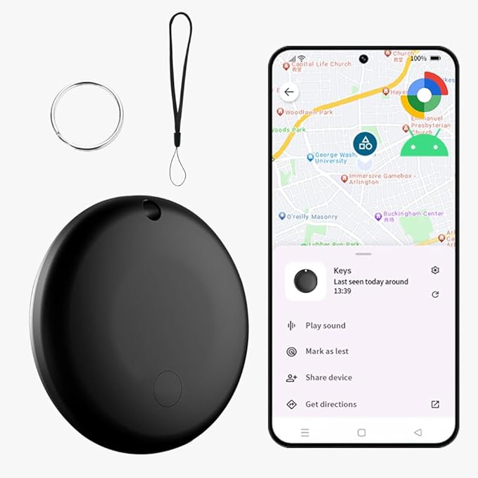 Bluetooth Tracker for Android, Works with Google Find My Device App, IP67 Waterproof, Replaceable Battery, Tracker Tag for Keys, Backpack, Suitcases, Travel and Commute（Black, 1Pack