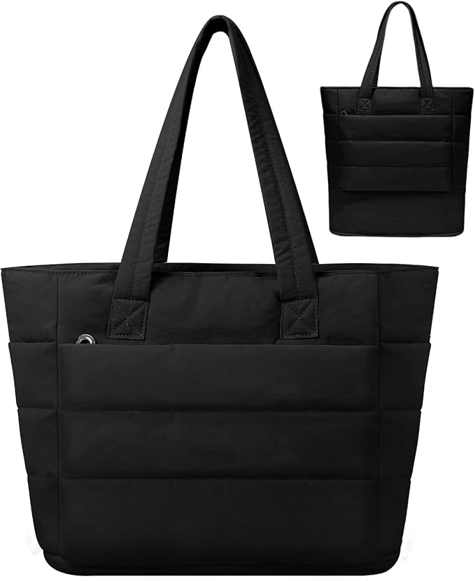 Expandable Puffer Tote Bag with Zipper for Women, Lightweight 15.6 Inch Laptop Work Tote Bag, Large Travel Tote Bags | Luggage strap, Lightweight, For 15.6 inch Laptop, Expandable, Multi-Compartments