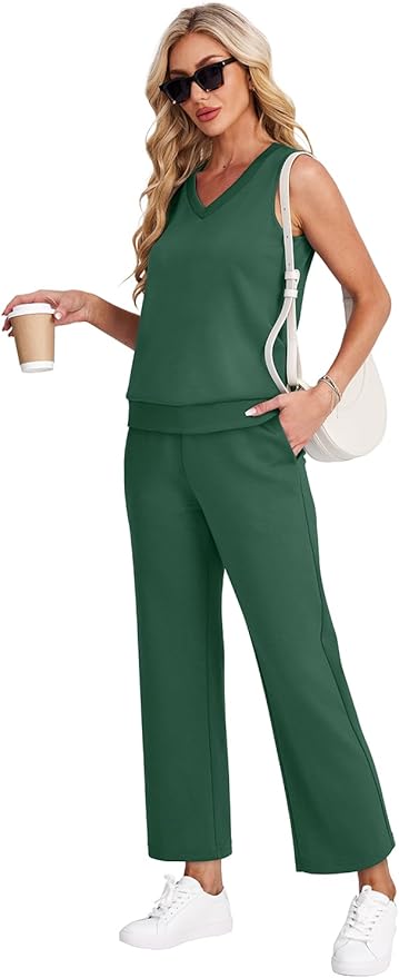 WIHOLL Two Piece Set for Women Summer Outfits Vacation Trendy Lounge Sets V Neck Matching Sets