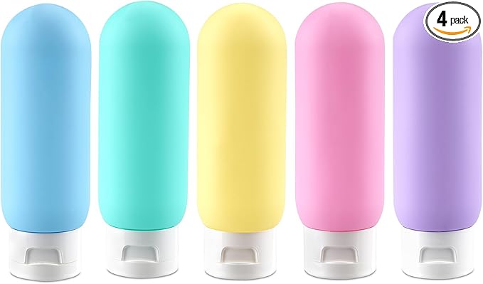 Cosywell Travel Bottles for Toiletries Travel Size Containers TSA Approved Toiletry Bottles Leak Proof Refillable Squeeze Bottle (D-3.4oz-colorful-round-5blank, Blue green yellow pink purple)