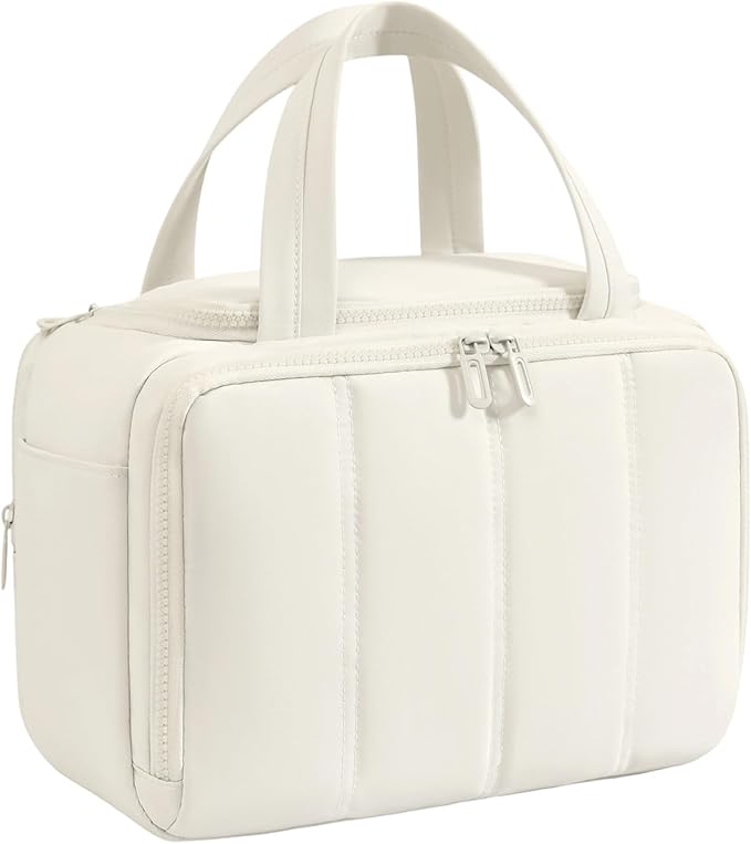 Travel Makeup Bag,Puffy Toiletry Bag for Women,Cosmetic Travel Bag Lightweight,Toiletries Organizer with Trolley Sleeve,White