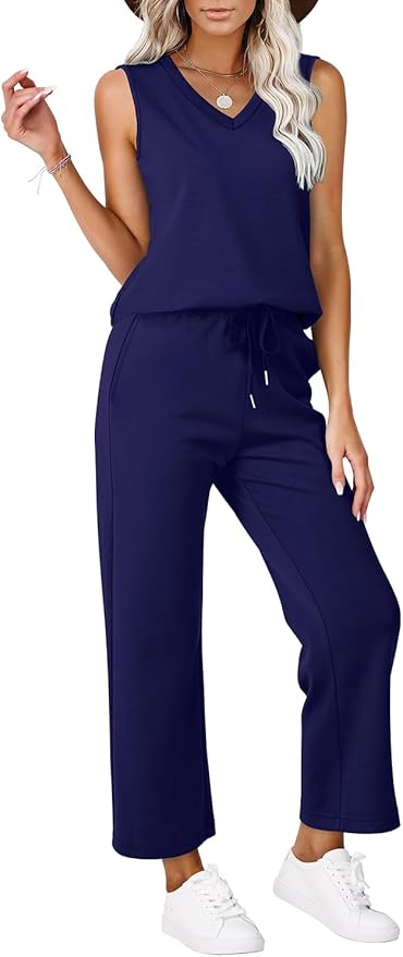 WIHOLL Two Piece Set for Women Summer Outfits Vacation Trendy Lounge Sets V Neck Matching Sets