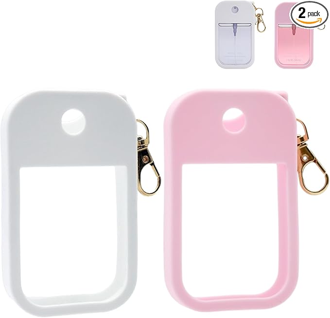 2 Sets Silicone Case Compatible with Touchland Hand Sanitizer Spray 1 FL. OZ./30 mL, Stylish Hand Sanitizer Mist Accessory with Portable Keychain (Pink, White)