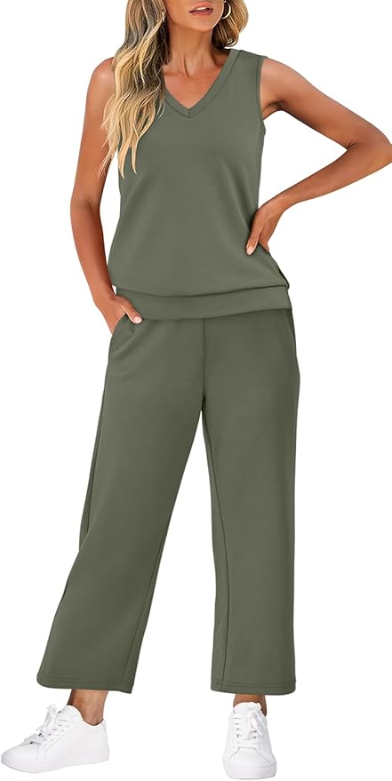 WIHOLL Two Piece Set for Women Summer Outfits Vacation Trendy Lounge Sets V Neck Matching Sets